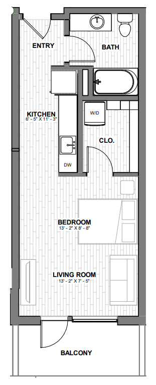 Floor plan for studio, 1 bath, 416 sqft